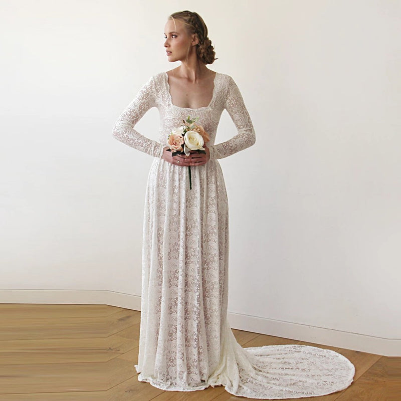 Square Neckline Vintage Inspired Wedding Dress, 1207 Boho Jeans Square Neckline Vintage Inspired Wedding Dress, 1207 Boho Jeans