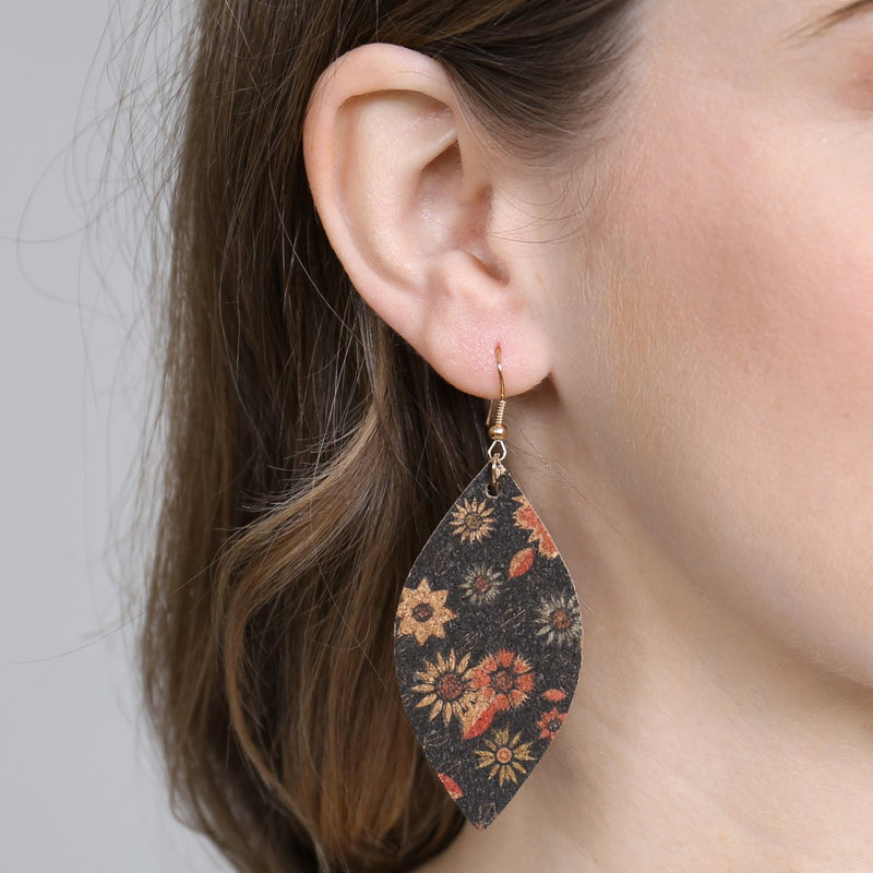 Flower Print Cork Marquise Earrings- Style 1