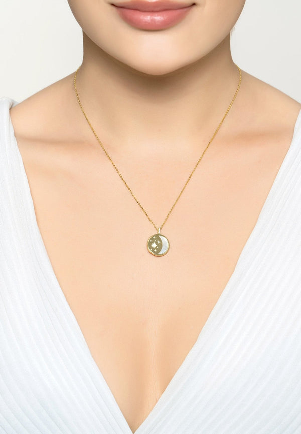 Star and Moon Mother of Pearl Disc Necklace Gold