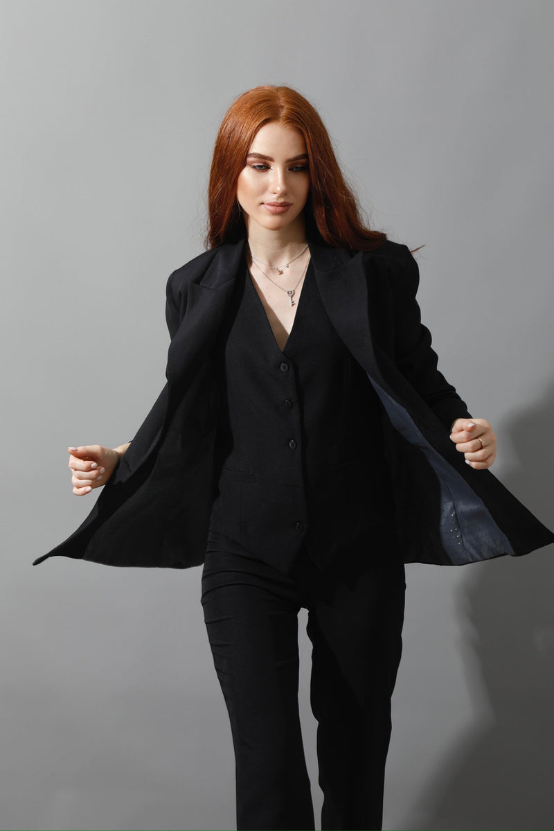Double Breasted Blazer & Vest Set - Black