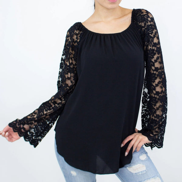 Lace Sleeve Backless Top - Black