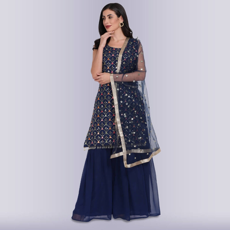 Palazzo Set With Resham Embroidery - Blue