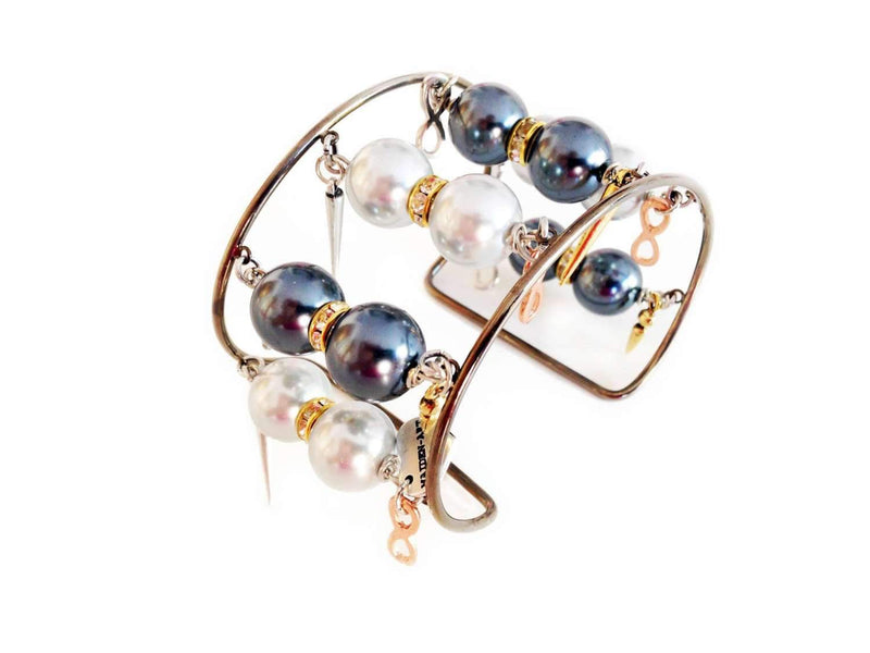 Handmade Pearl Cuff Bracelet With Gunmetal, Light Blue Pearls, Rhinestones, Gold Charms, Pointed Studs. Summer Bracelet,