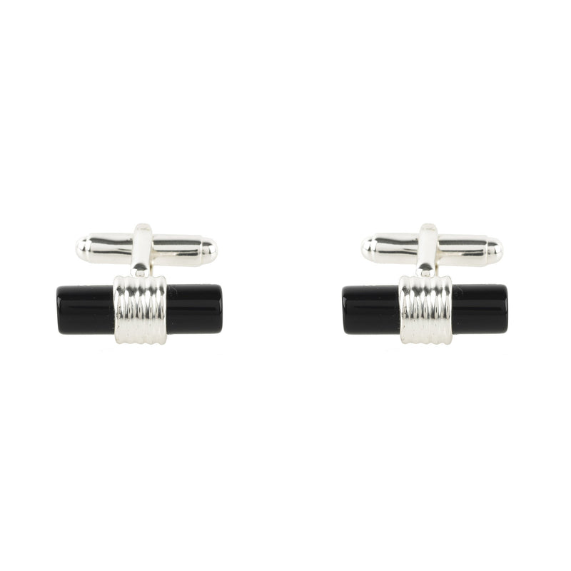 Cylindrical Cufflink Silver Black Onyx