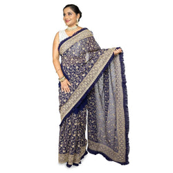 Navy Blue Georgette Saree With Frill Edge