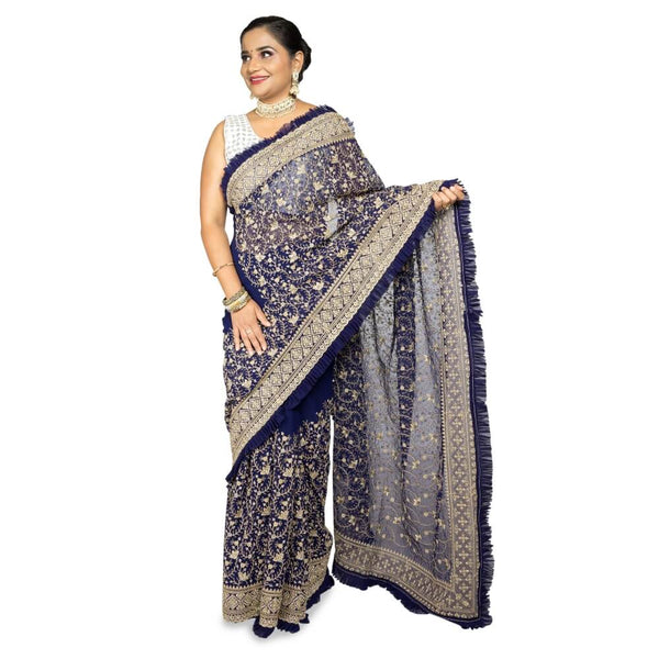 Navy Blue Georgette Saree With Frill Edge