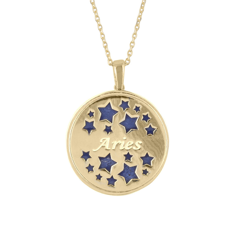 Zodiac Lapis Lazuli Gemstone Star Constellation Pendant Necklace Gold Aries