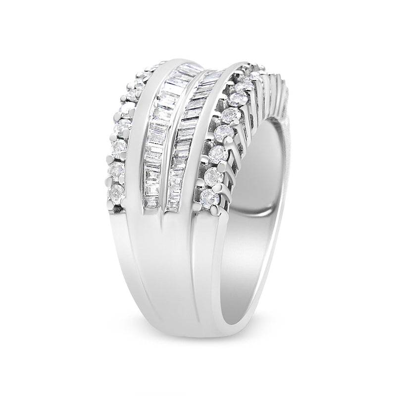 14K White Gold 1.00 Cttw Round and Baguette-Cut Diamond Modern Band Ring (H-I Color, SI2-I1 Clarity) - Ring Size 7