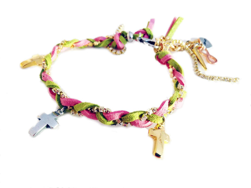 Friendship Bracelet With Golden Crosses, Colorful Suede Ribbons and Rhinestones. Coachella Bracelets, Boho Chic Bracelet