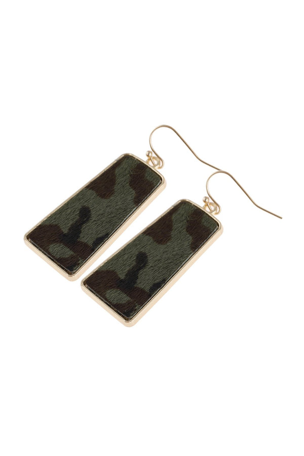 Camouflage Leather Printed Bar Dangling Fish Hook Earrings
