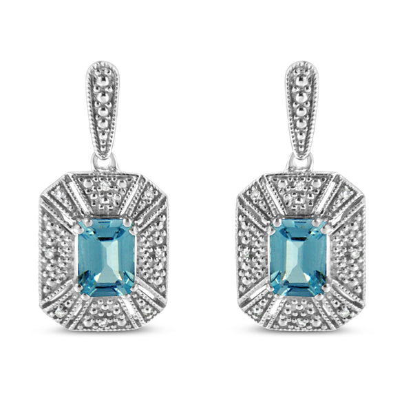 .925 Sterling Silver 7x5MM Emerald Shape Blue Topaz and Diamond Accent Art Deco Halo Style Drop and Dangle Earrings (I-J