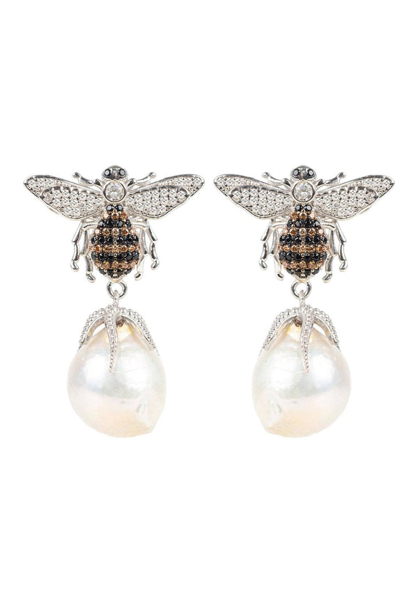 Baroque Pearl Honey Bee Drop Earrings Silver