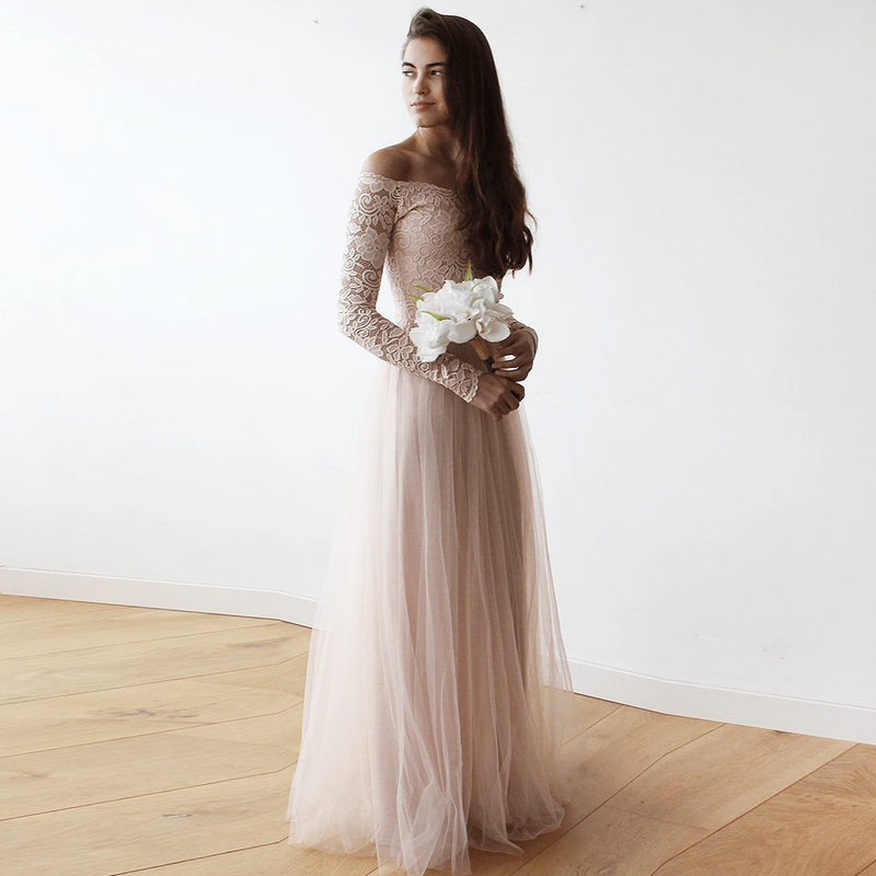 Blush Off-The-Shoulder Lace and Tulle Maxi Dress 1134
