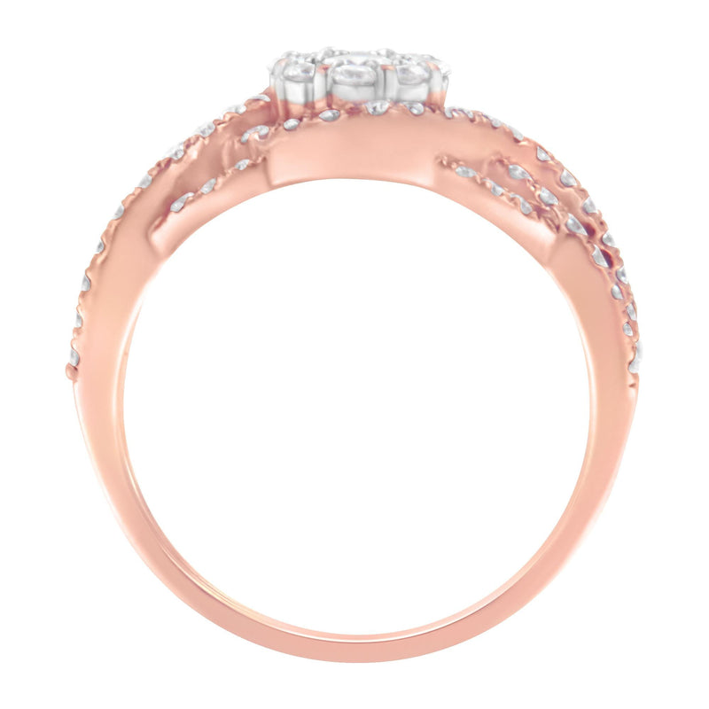 10K Rose Gold 3/4 Cttw Diamond Floral Cluster Head and Twisted Shank Cocktail  Ring (H-I Color, SI1-SI2 Clarity)- Size 5