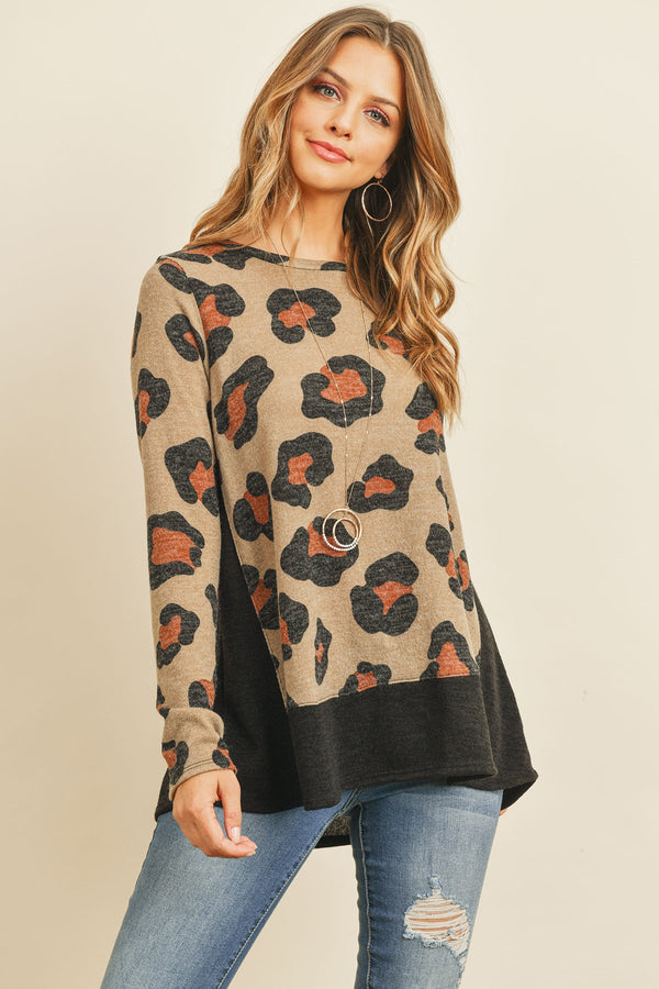 Leopard Long Sleeves Bottom and Side Contrast Top