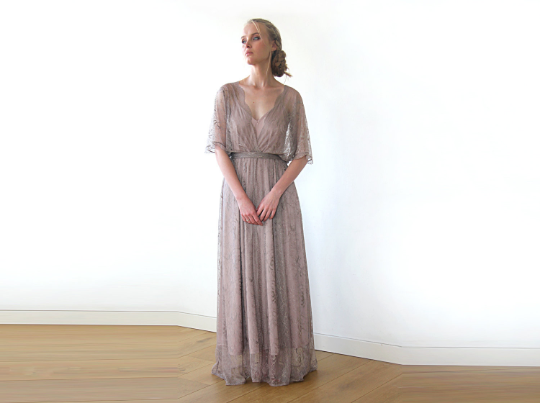 Taupe Sheer Lace Vintage Style Maxi Dress #1044
