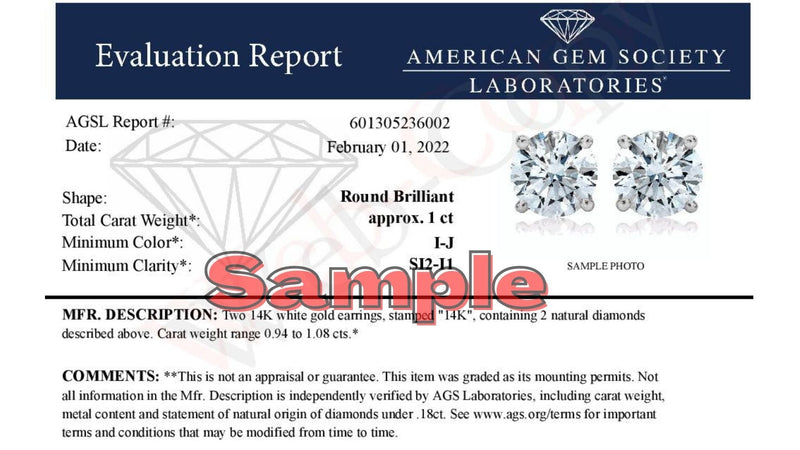AGS Certified 14K White Gold 1.0 Cttw 4-Prong Set Brilliant Round-Cut Solitaire Diamond Push Back Stud Earrings (H-I Col