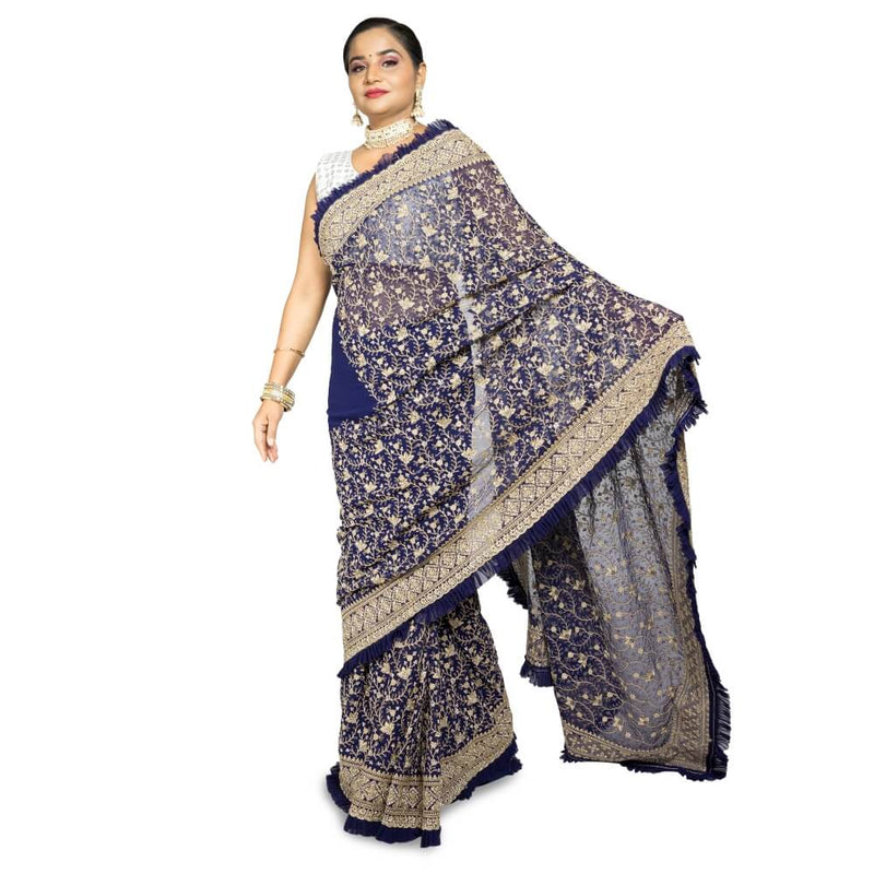 Navy Blue Georgette Saree With Frill Edge