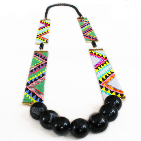 Acapulco Long Woven Beaded Necklace - Tribal Print
