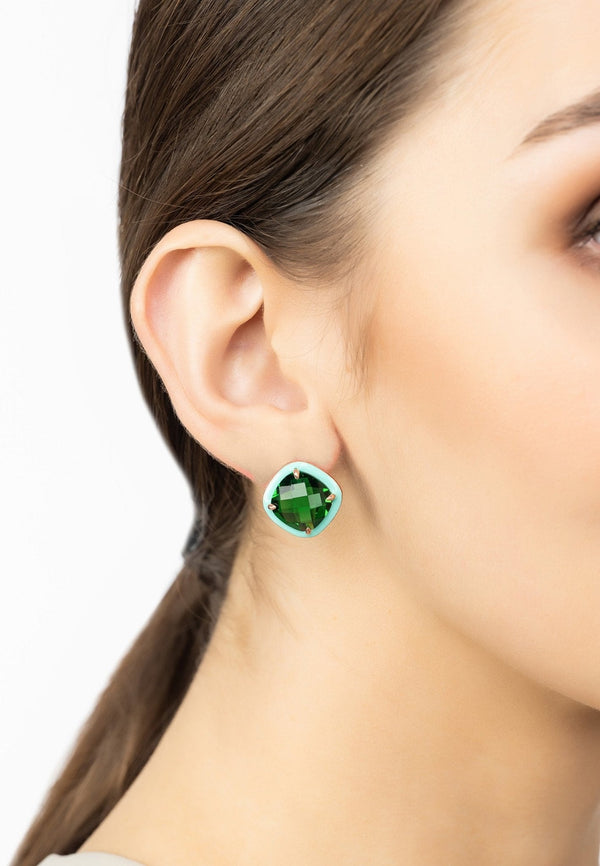 Enamel & Emerald Gemstone Cushion Stud Earrings Gold