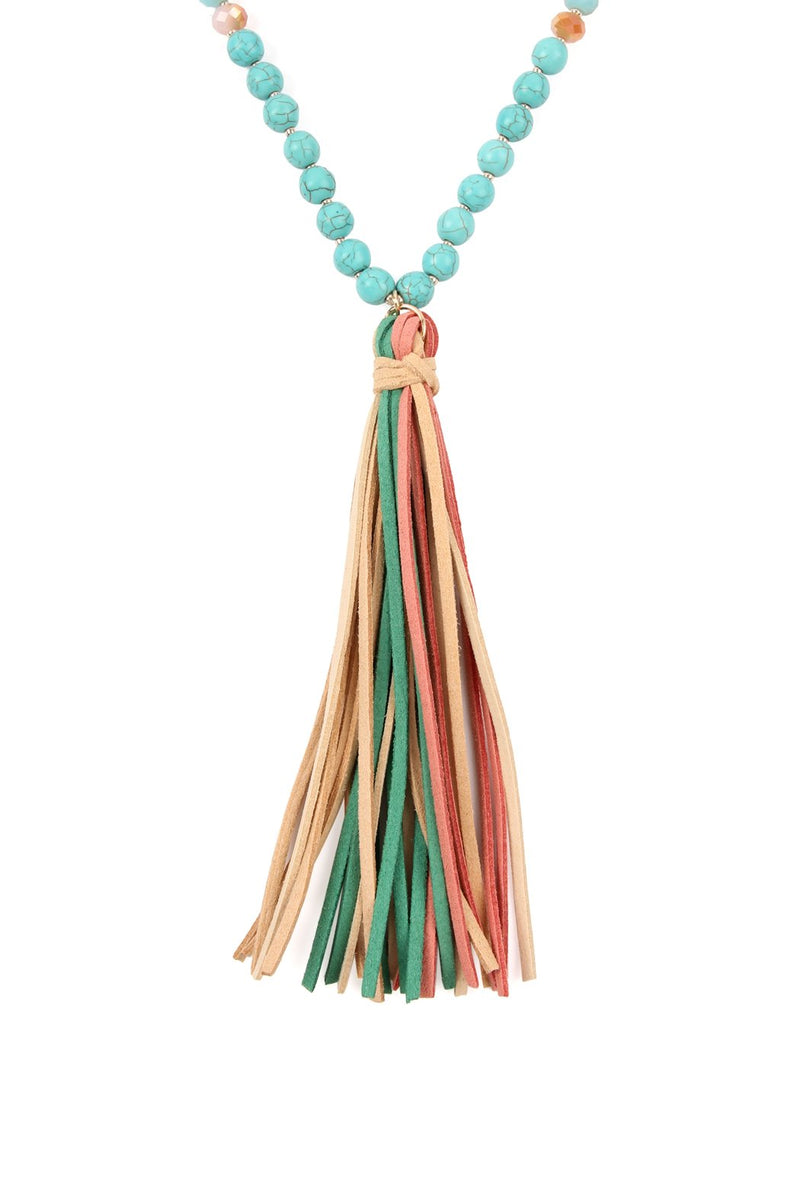 Colorful Natural Stone Glass Beads Leather Tassel Necklace