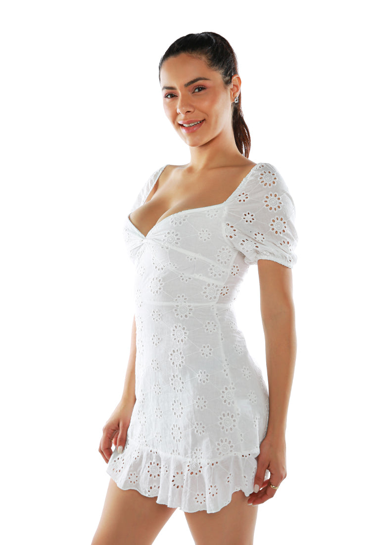 White Schiffli Sweetheart Short Dress