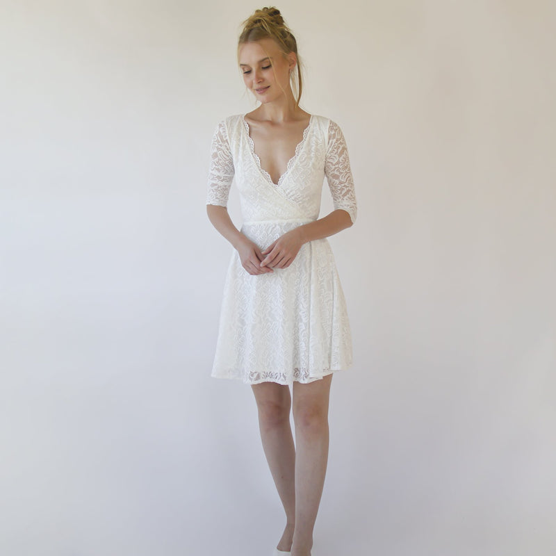Ivory Wrap Lace Mini Wedding Dress Bracelet Sleeves #1373