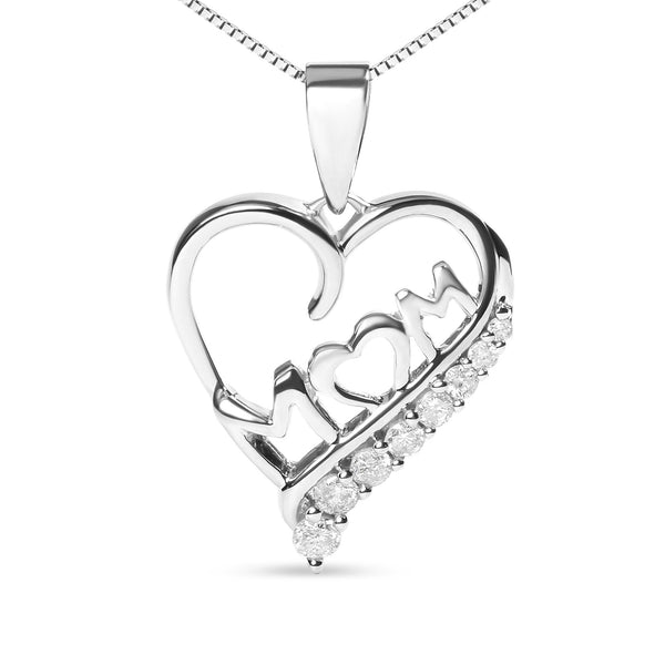 .925 Sterling Silver 1/4 Cttw Diamond  "Mom" and Open Heart 18" Pendant Necklace (I-J Color, I2-I3 Clarity)