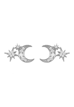 Moon and Starburst Small Stud Earrings Silver