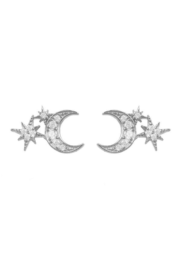 Moon and Starburst Small Stud Earrings Silver