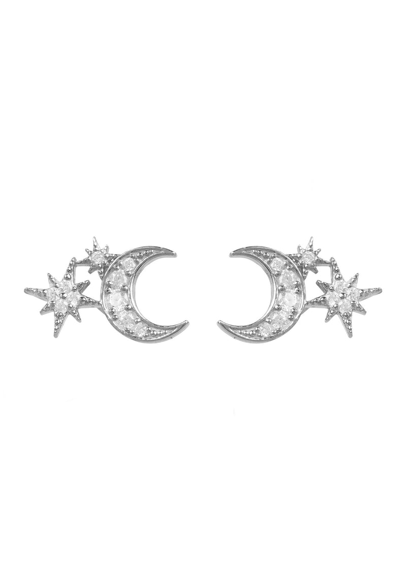 Moon and Starburst Small Stud Earrings Silver