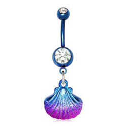 Blue PVD Plated Navel Ring With Blue & Pink Seashell Dangle