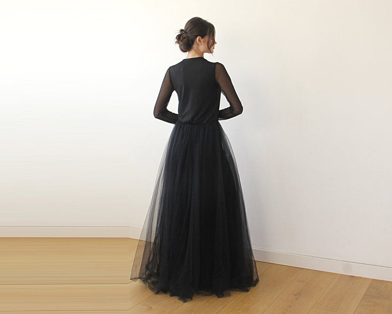 Black Wrap Tulle Dress With Chiffon Mesh Sleeves  #1174