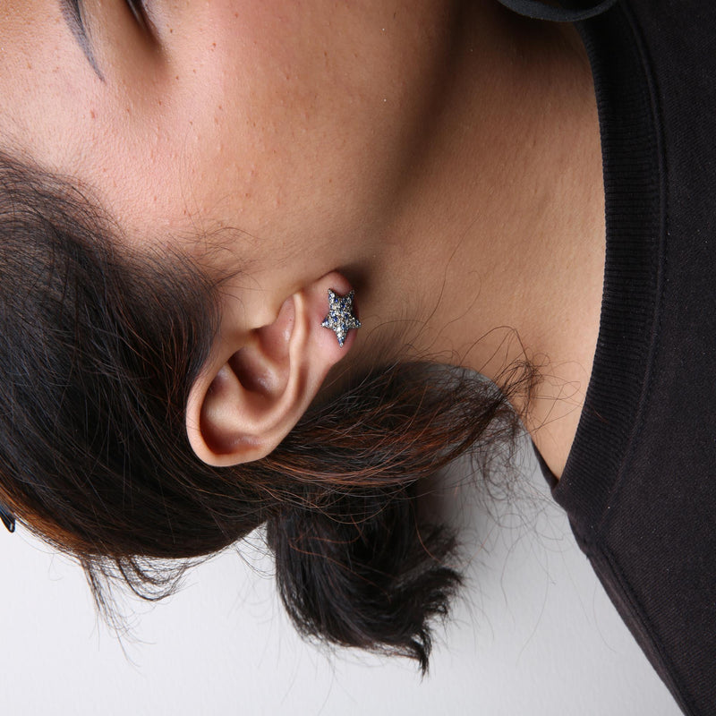 Black Rhodium Plated 18K White Gold 1.00 Cttw Diamond and Round Blue Sapphire Gemstone Micro-Pave Star Stud Earrings (Br