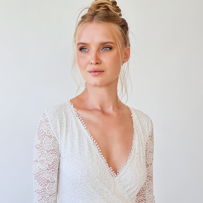 Bohemian Lace Wedding Dress  Wrap Neckline With Fringes #1363