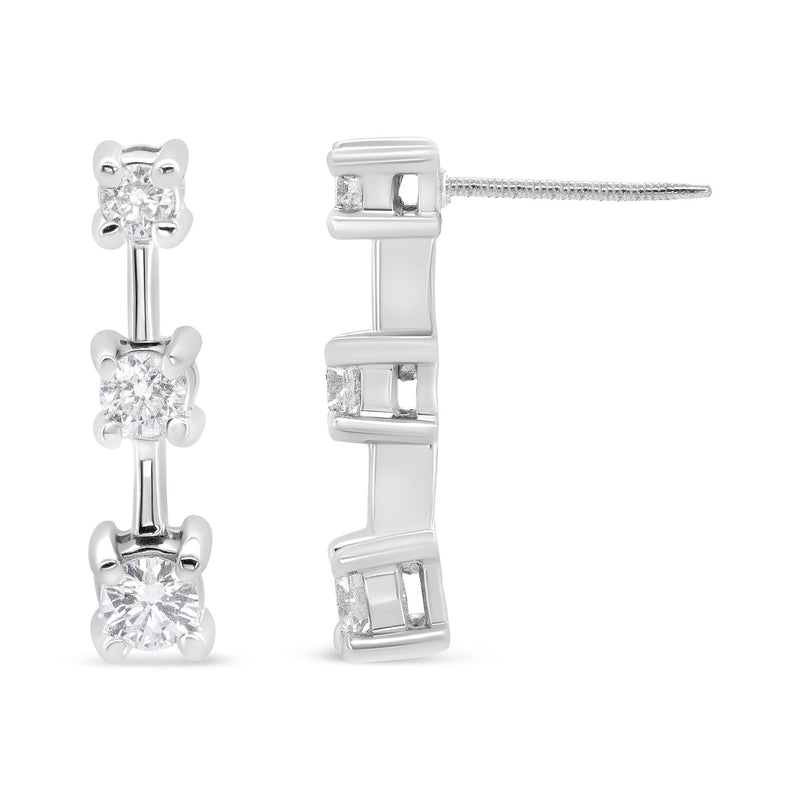 14K Yellow Gold 1/2 Cttw Round Diamond 3 Stone Graduated Linear Drop Past, Present and Future Stud Earrings (H-I Color,