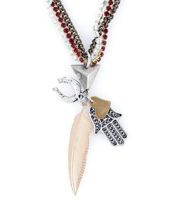 Choker Necklace With Lucky Charm, Hamsa Pendant, Feather and Horseshoe.