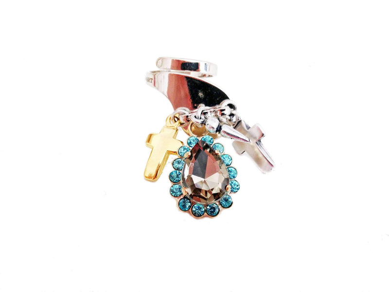 Light Blu Rhinestones Statement Ring With Silver Plated Brass, Antique Silver, Gold Charms and Logo Engraved. Trendy Jew