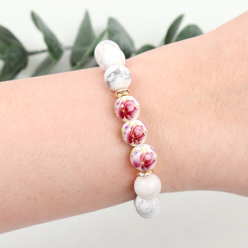 Hdb3227 - Floral Painted Stone Beads Bracelet