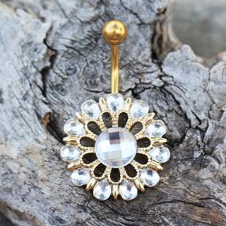 Gold Plated Checkerboard Cut CZ Flower Navel Ring