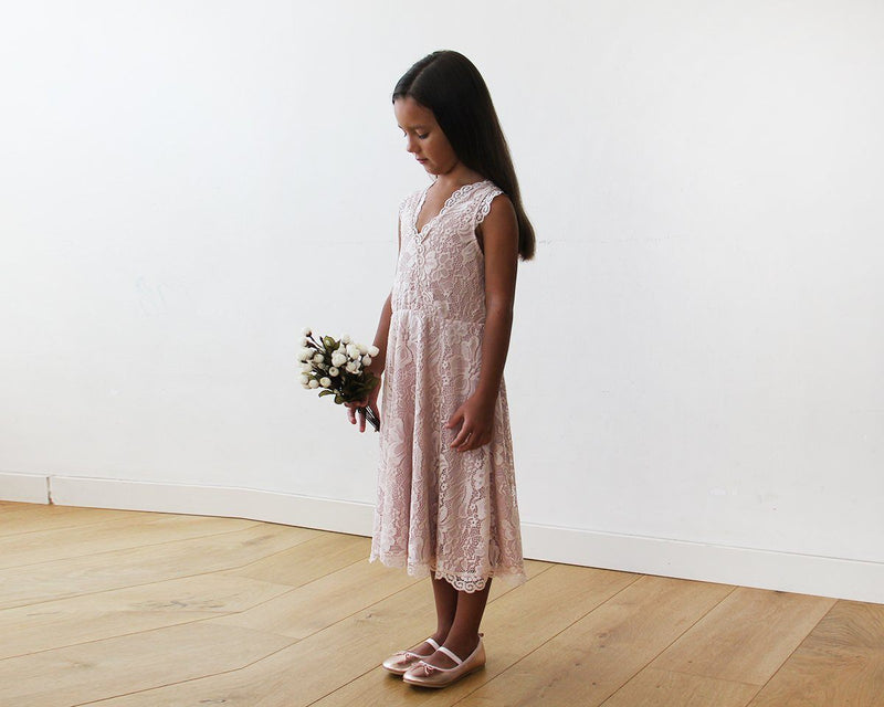 Midi Pink All Lace Sleeveless Flower Girl Dress 5048