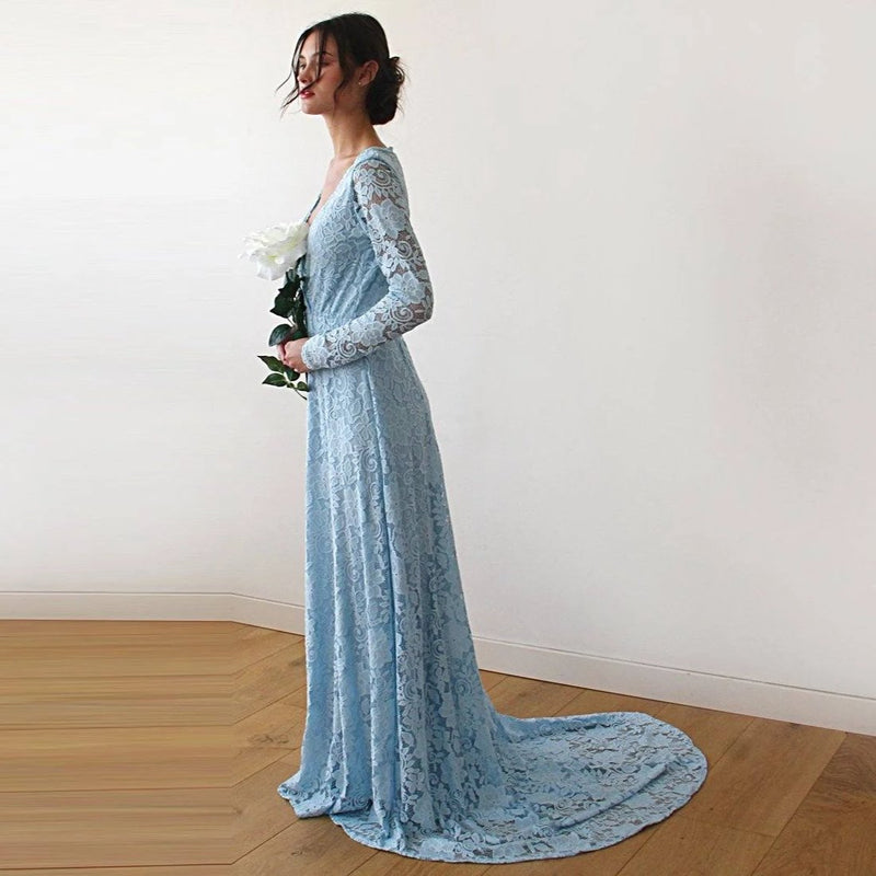 Light Blue  Wrap Floral Lace Long Sleeve Gown With a Train 1151
