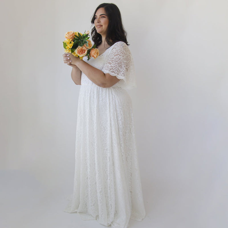 Curvy  Ivory Square Neckline , Bohemian Butterfly Sleeves Dress #1322