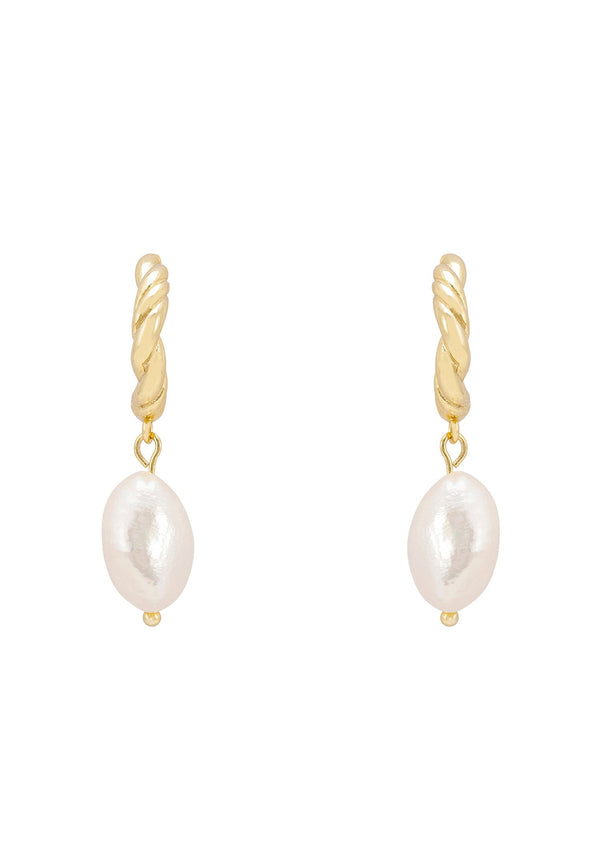 Twisted Flax Pearl Hoop Earrings Gold