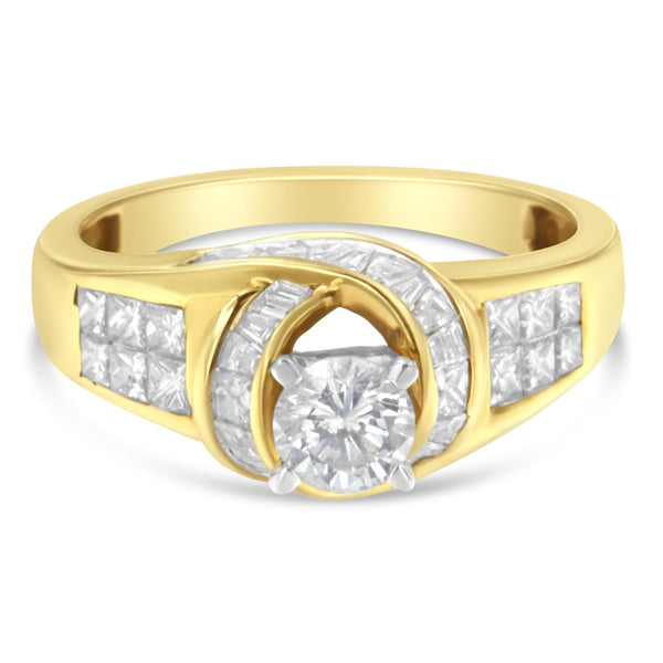 14K Two-Toned Gold Round, Baguette and Princess Cut Diamond Ring (1 1/8 Cttw, H-I Color, SI2-I1 Clarity) - Size 7