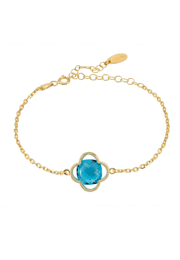 Open Clover Flower Gemstone Bracelet Gold Blue Topaz