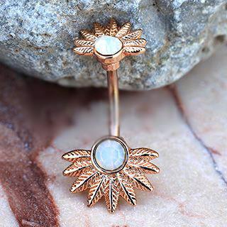 Rose Gold Plated White Synthetic Opal Palm Leaves Navel Rings