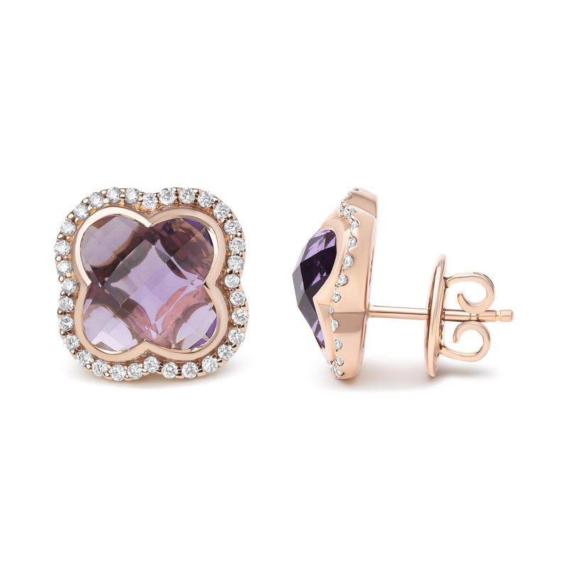 18K Rose Gold 3/8 Cttw Diamond and 11x11mm Clover-Cut Purple Amethyst Gemstone Clover Halo Stud Earrings (G-H Color, SI1