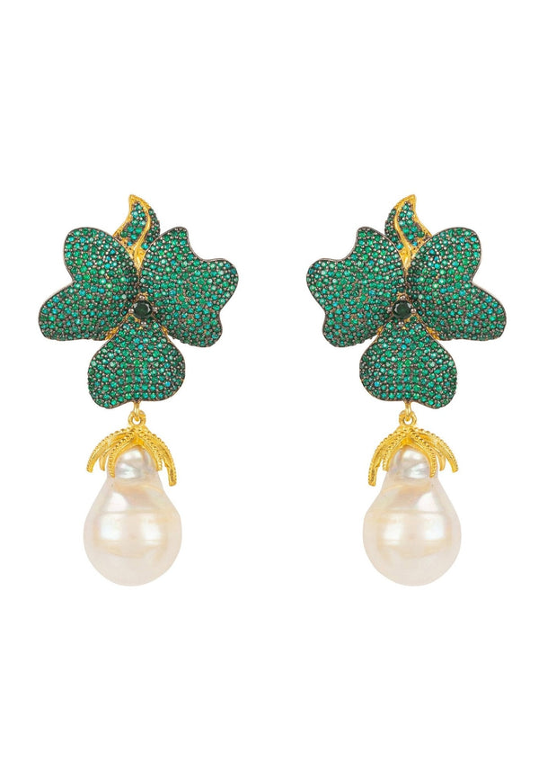 Baroque Pearl Emerald Green Flower Earrings Gold