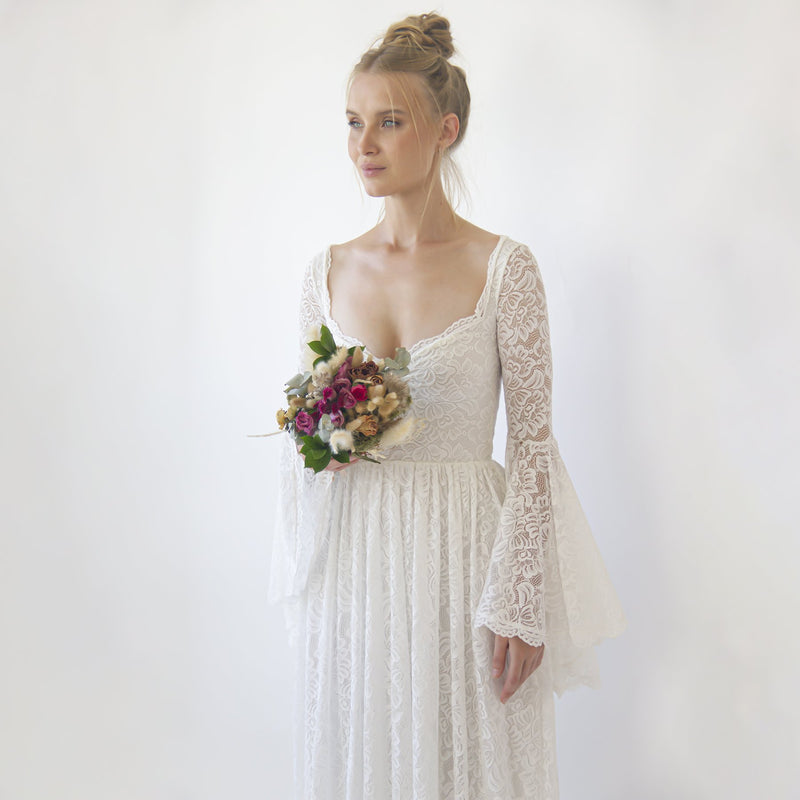 Bohemian Ivory Sweetheart Wedding Dress  With Bell Sleeves  1362